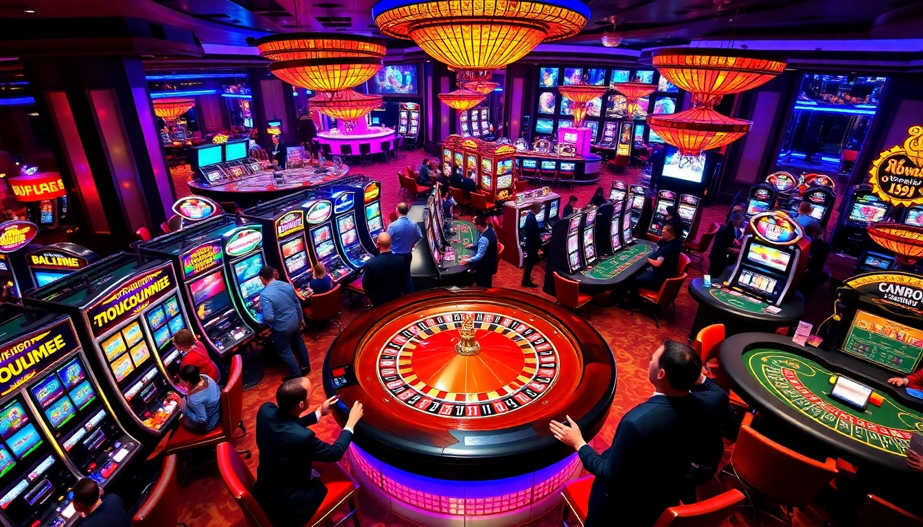 Experience the excitement of gambling at lv88.com with vibrant casino visuals featuring slot machines and roulette tables.