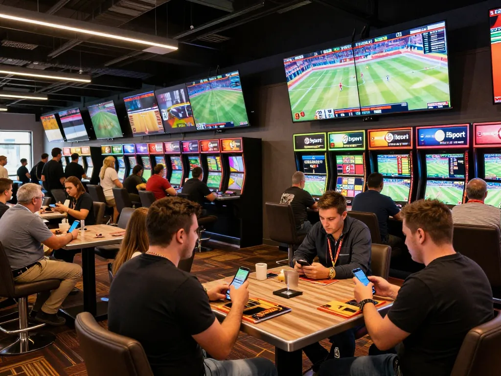 Bsport sports betting action with enthusiastic bettors engaging on mobile devices in a modern casino setting
