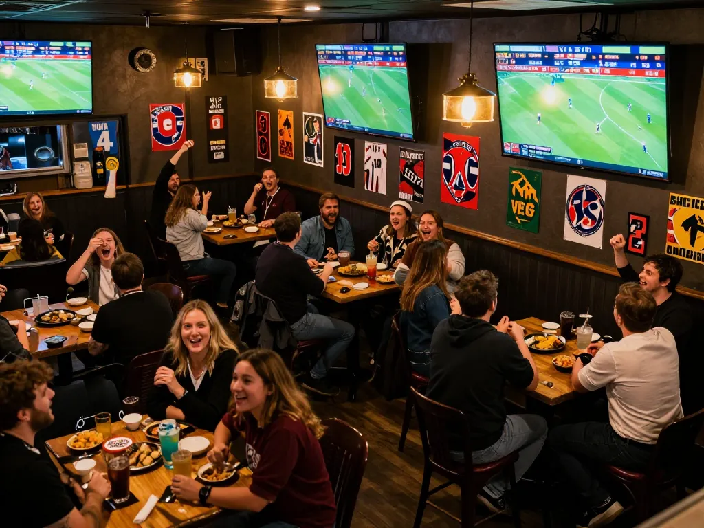 Engaged fans at a sports bar monitor kèo nhà cái while watching live football matches, creating a thrilling betting atmosphere.