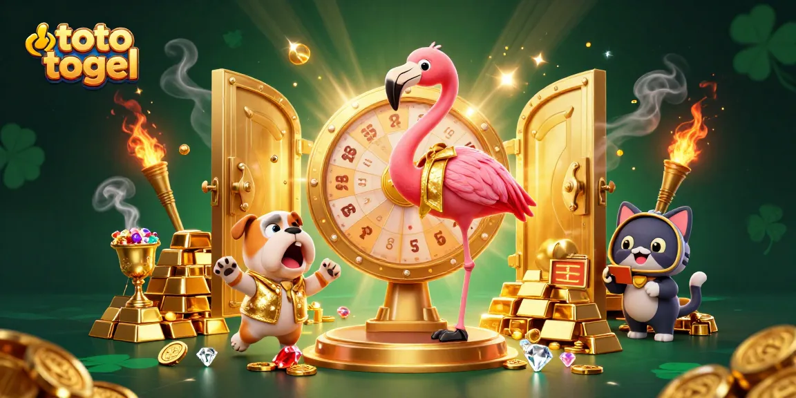 Engage in toto togel thrills with a 3D cartoon game show host, bulldog contestant, and treasures.