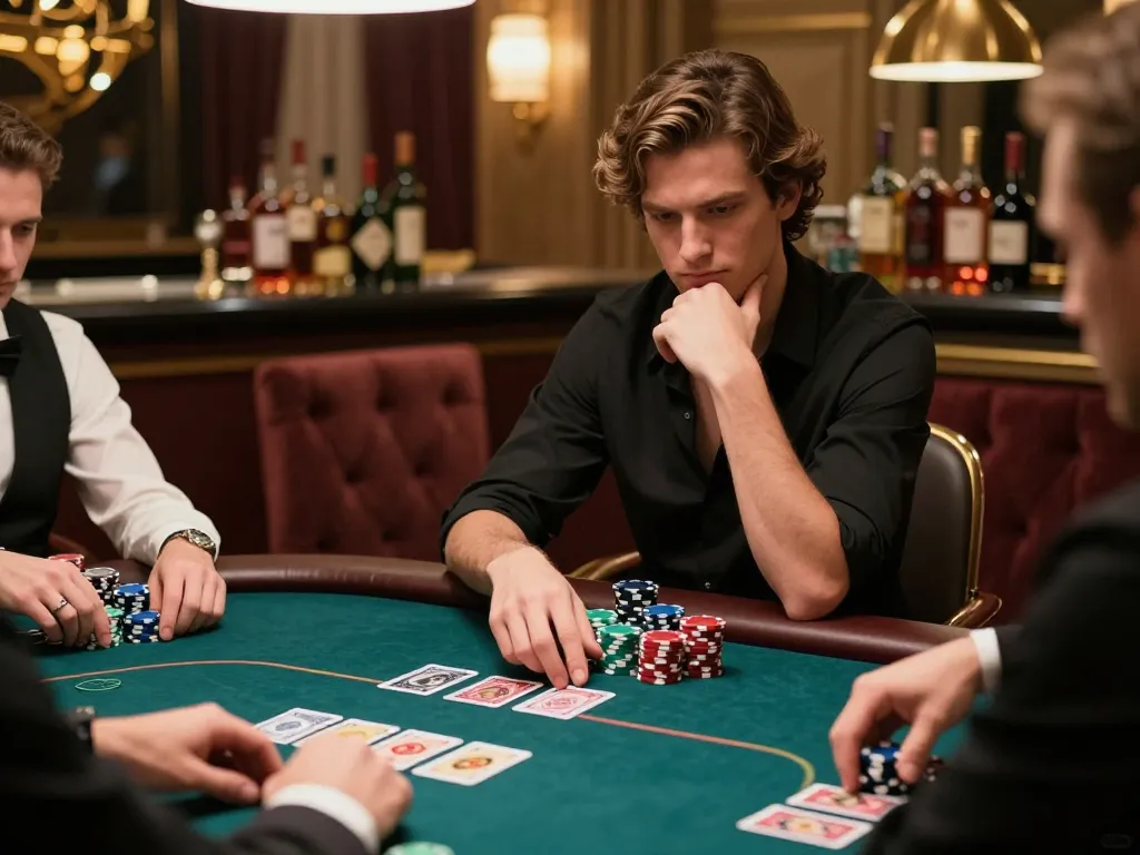 Pemain terlibat dalam permainan poker berisiko tinggi, merumuskan strategi di sekitar DUAR88 dengan elegan dan intensitas.