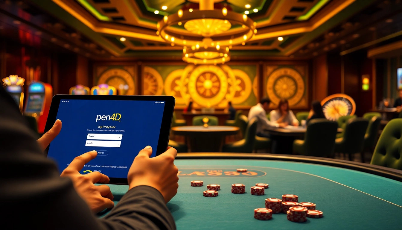 PEN4D login screen on a stylish tablet amidst a vibrant casino atmosphere with cards and poker chips.