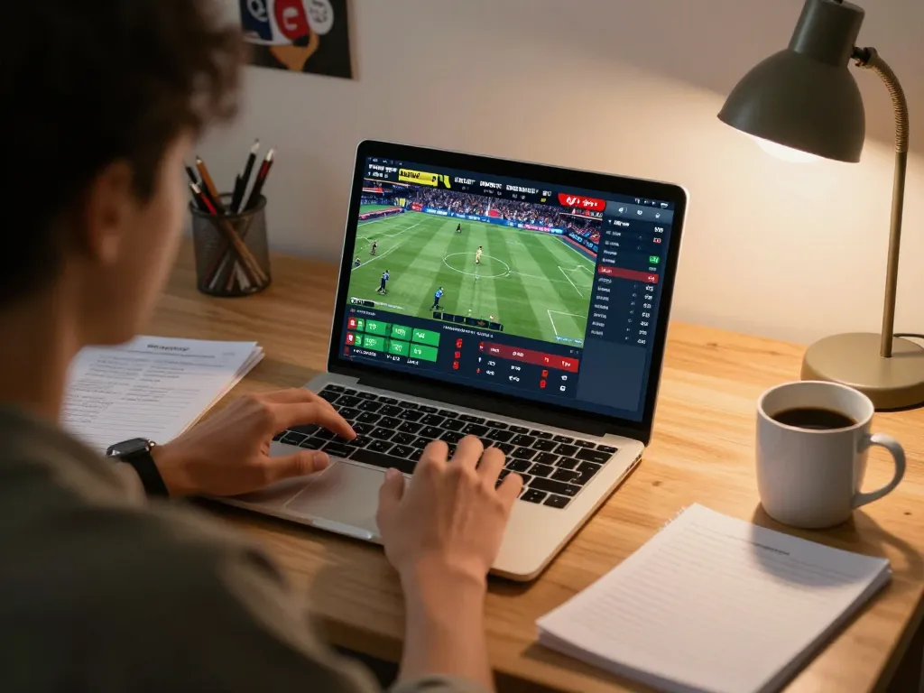 Person placing bets on 123bmvp during a live sports match at home