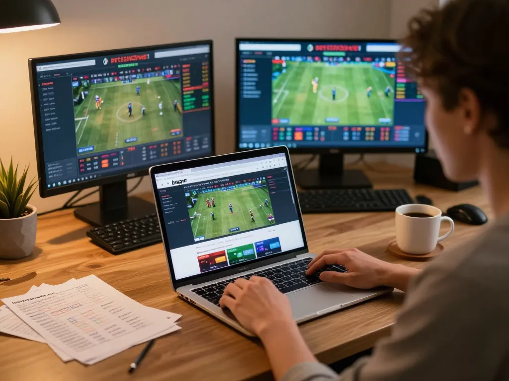 Experience immersive online gambling with bsport's live betting features in a cozy home office.