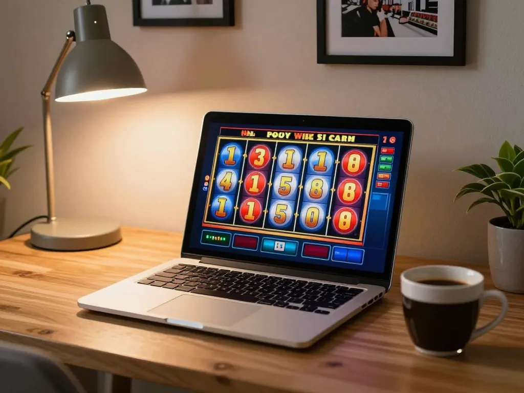 Playing engaging slot games on a laptop with colorful reels and cozy home decor.