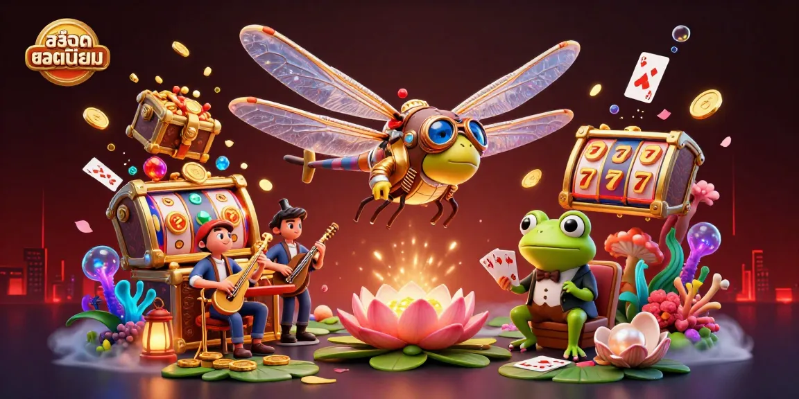 Play thrilling สล็อตยอดนิยม games with a dragonfly pilot and frog croupier in a colorful casino.