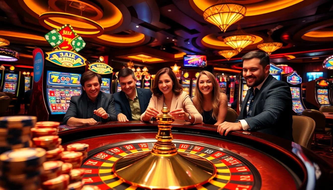 Engaging scene of a singapore online casino roulette table filled with players and vibrant gaming machines.