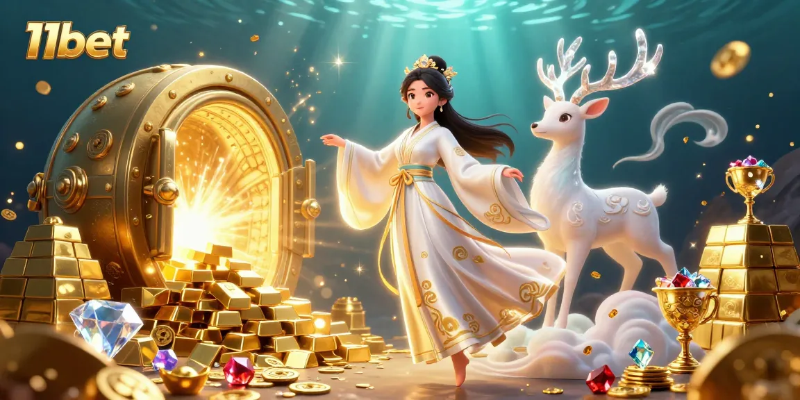 Engage in thrilling 11bet gaming with a beautiful Asian woman, a celestial deer, and glittering treasures.