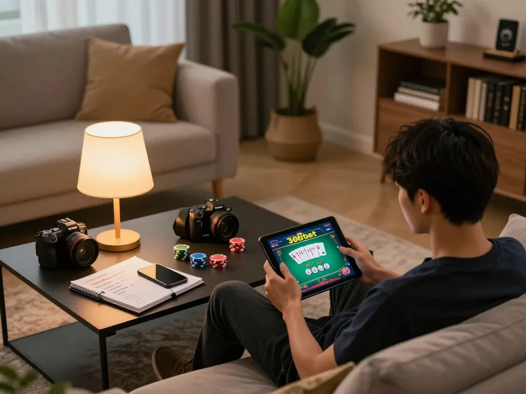 Engaging online betting experience on 388bet with a player using a tablet, surrounded by cozy home elements.