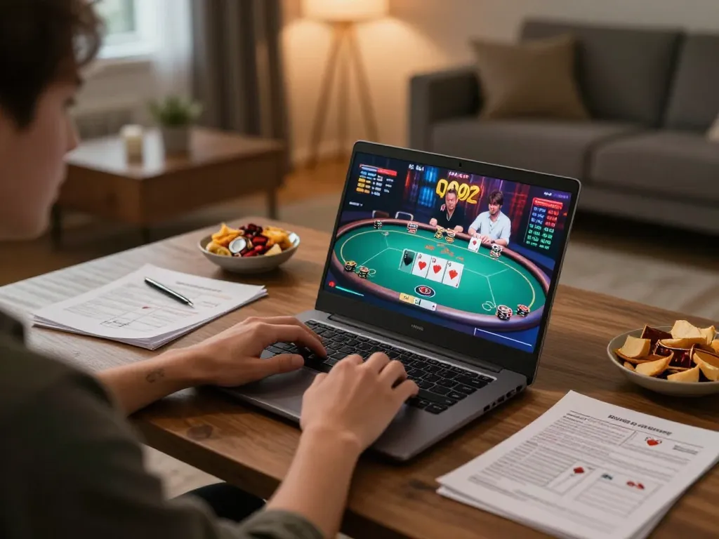 Engaging online poker scene showing a player using a laptop, with tylekeo strategies on hand for better betting.