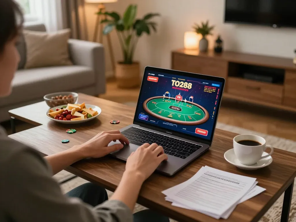 Player engaging in TO288 online gaming strategy at home, highlighting a cozy gaming atmosphere.