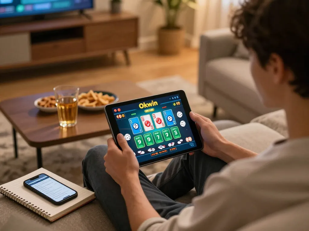 Player enjoying online gambling on Okwin tv while using a tablet in a cozy home setup, showcasing strategic gaming.
