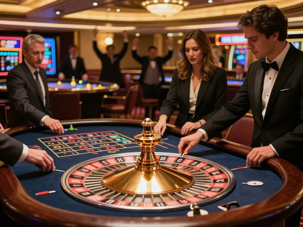 red88 players enjoying roulette action at an upscale casino table under vibrant lighting