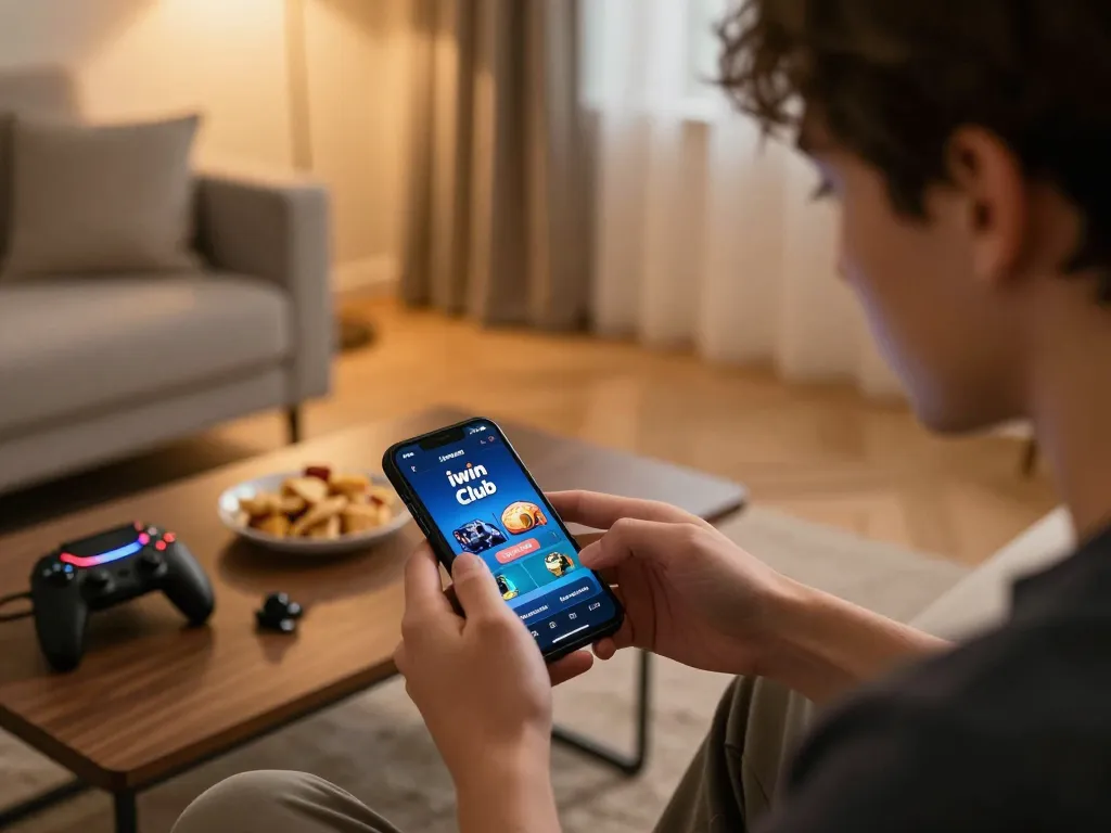 Engaging gameplay on iwin club app, showcasing strategic mobile gambling in a cozy home setting.