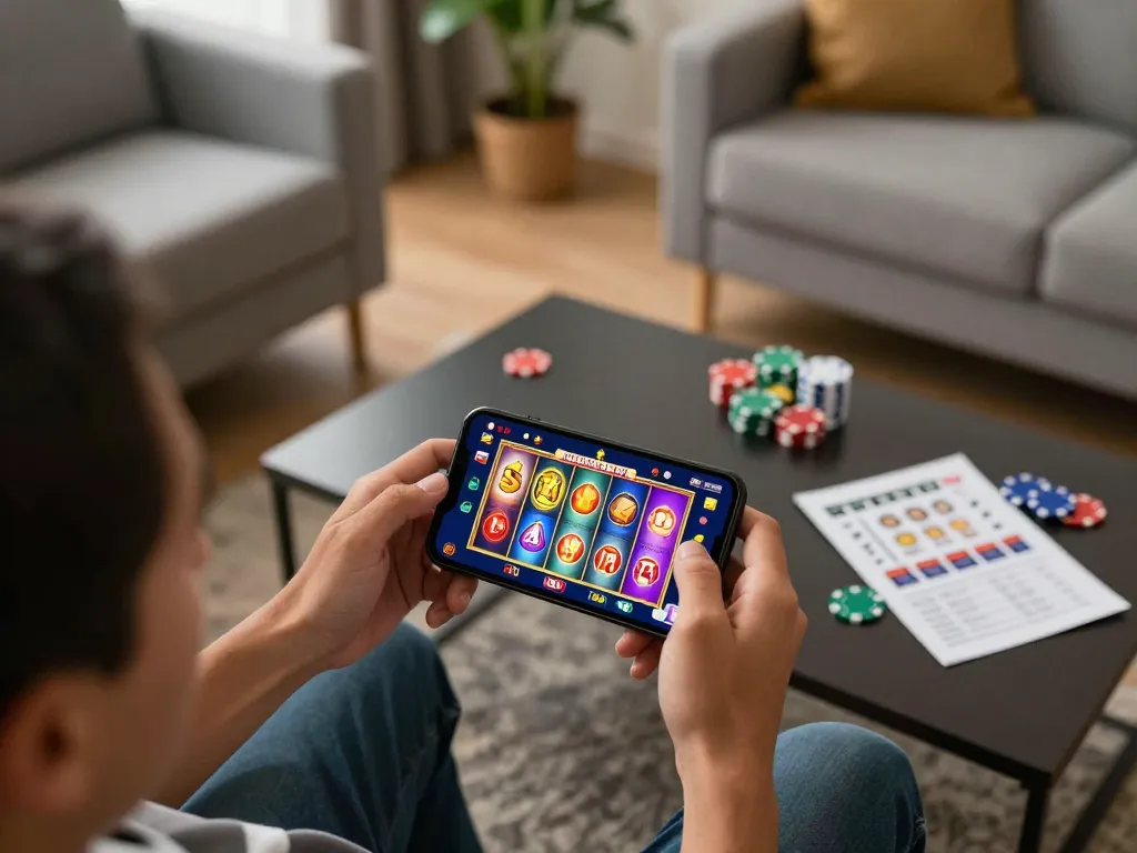 Engaging online gaming session at jjun88 with a user playing on a mobile app in a cozy home.
