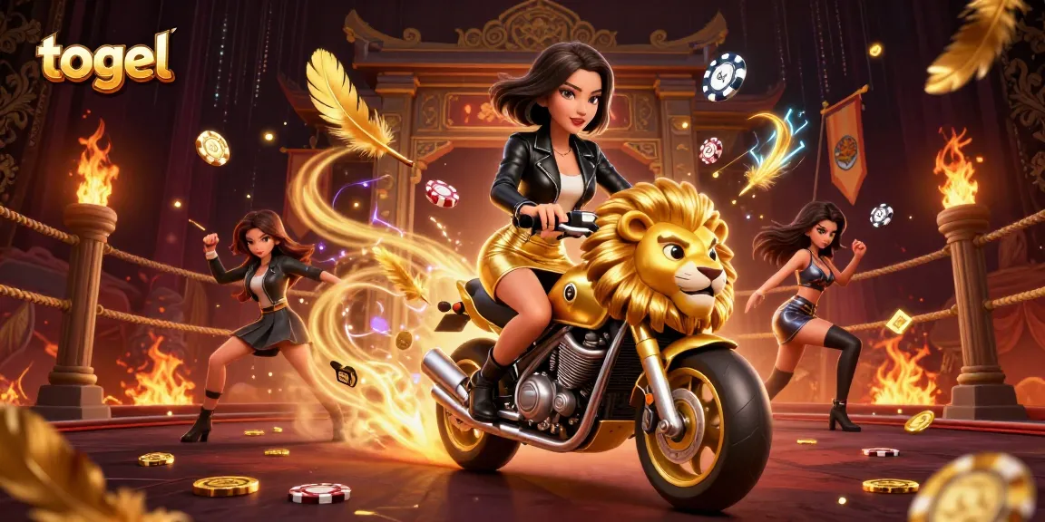 Togel game scene featuring an Asian woman on a golden lion motorcycle surrounded by casino elements