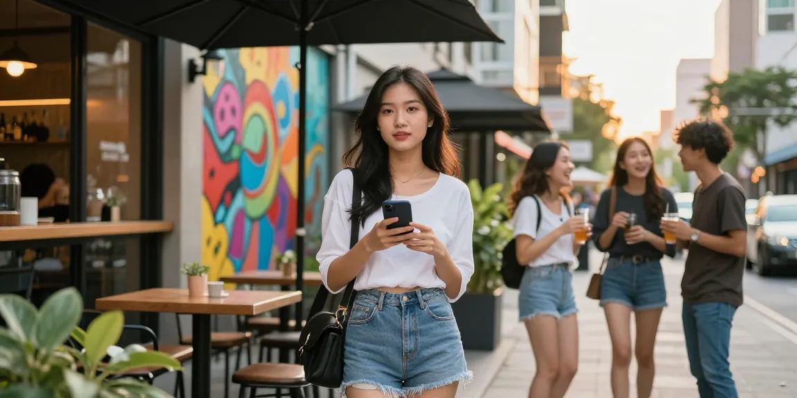 Gái gọi gặp gỡ trong không gian đô thị sôi động, thể hiện sự tự tin và phong cách trẻ trung.