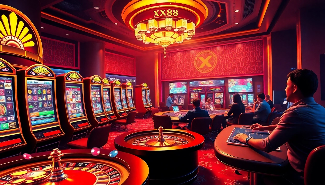 Experience the excitement of xx 88 online gaming with vivid slot machines and poker chips.