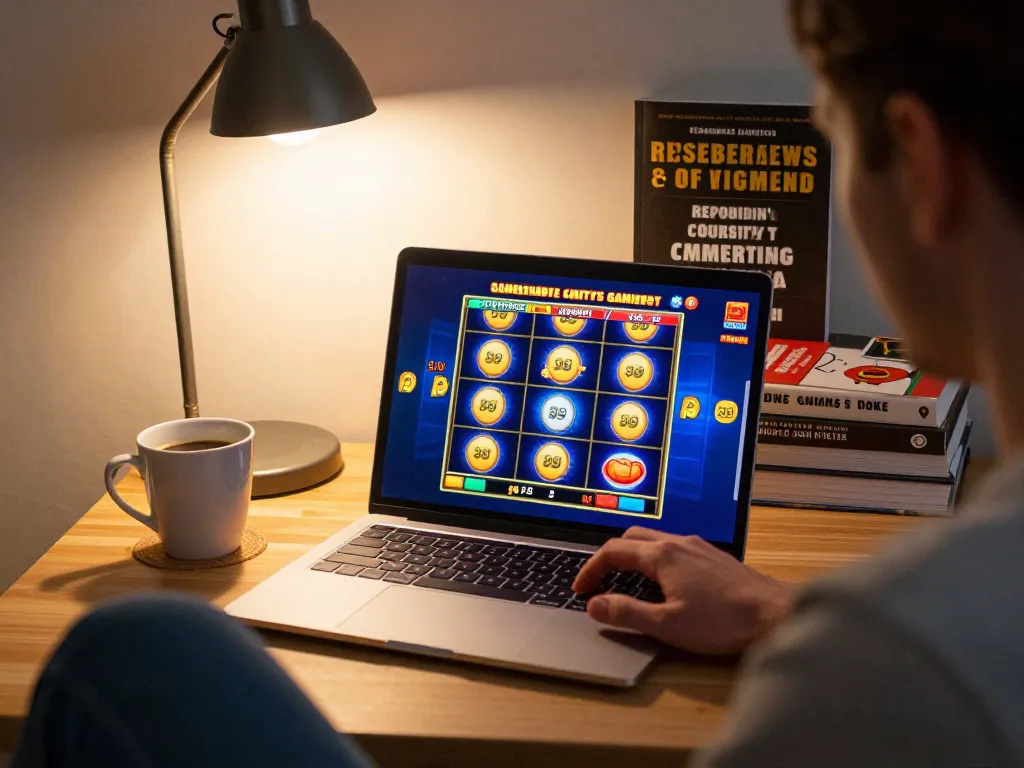 Pemain menikmati kredit percuma rm100 tiada deposit di rumah dengan setup permainan menggunakan laptop dan permainan slot yang ceria.
