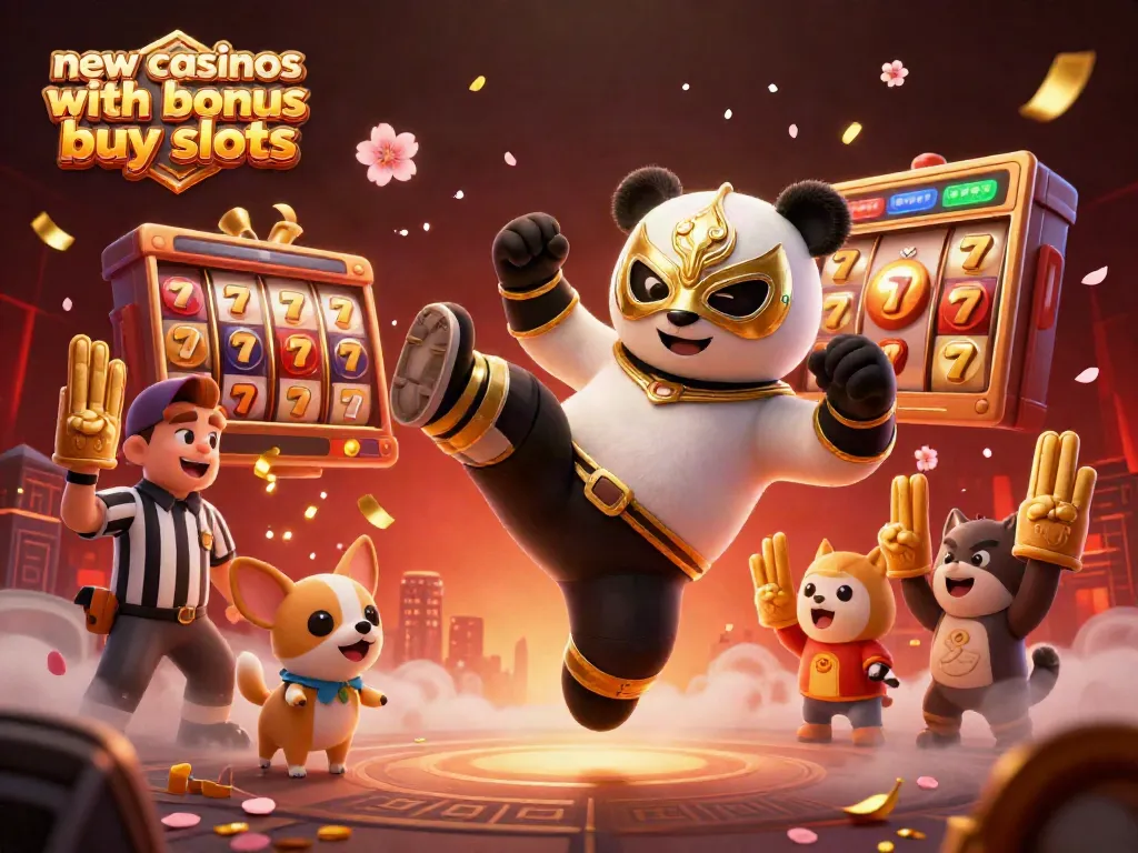 Experience new casinos with bonus buy slots through a lively 3D illustration of a wrestling panda and animal spectators.