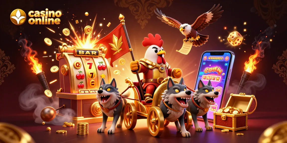 Experience thrilling gameplay with casino online as a cartoon rooster warlord leads a dynamic slot scene.