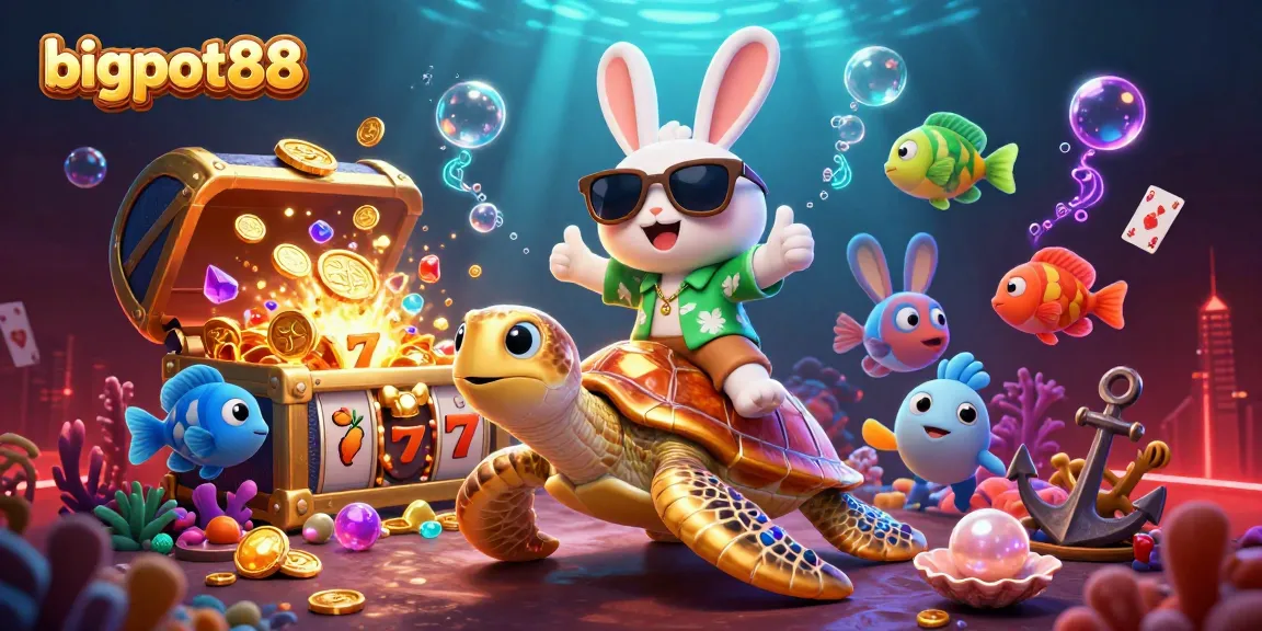 bigpot88 showcases a lucky rabbit and turtle in a vibrant casino scene with underwater treasures.