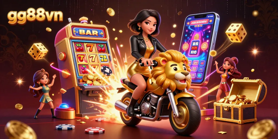 Experience excitement with gg88vn's glamorous Asian woman and golden lion mascot amidst a vibrant casino scene.
