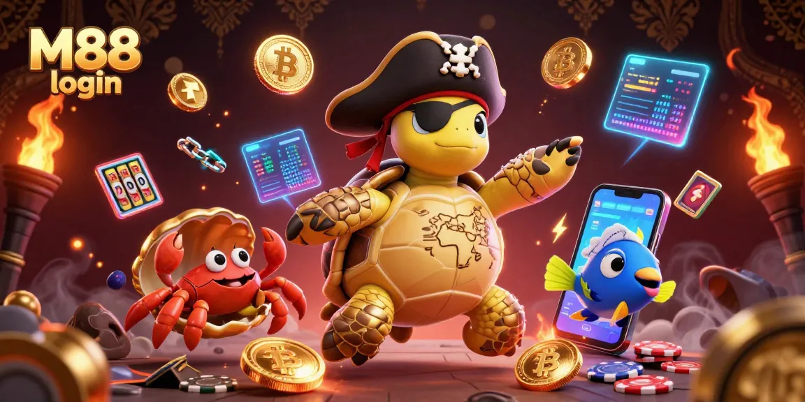 Experience M88 login with an exciting underwater adventure featuring crypto elements and casino symbols.