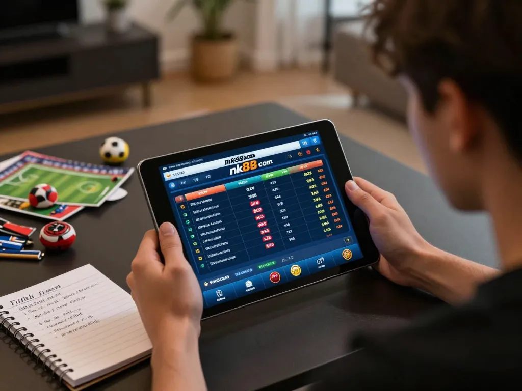 Engaging sports betting action on nk88 com with tablet displaying live odds in modern setting.