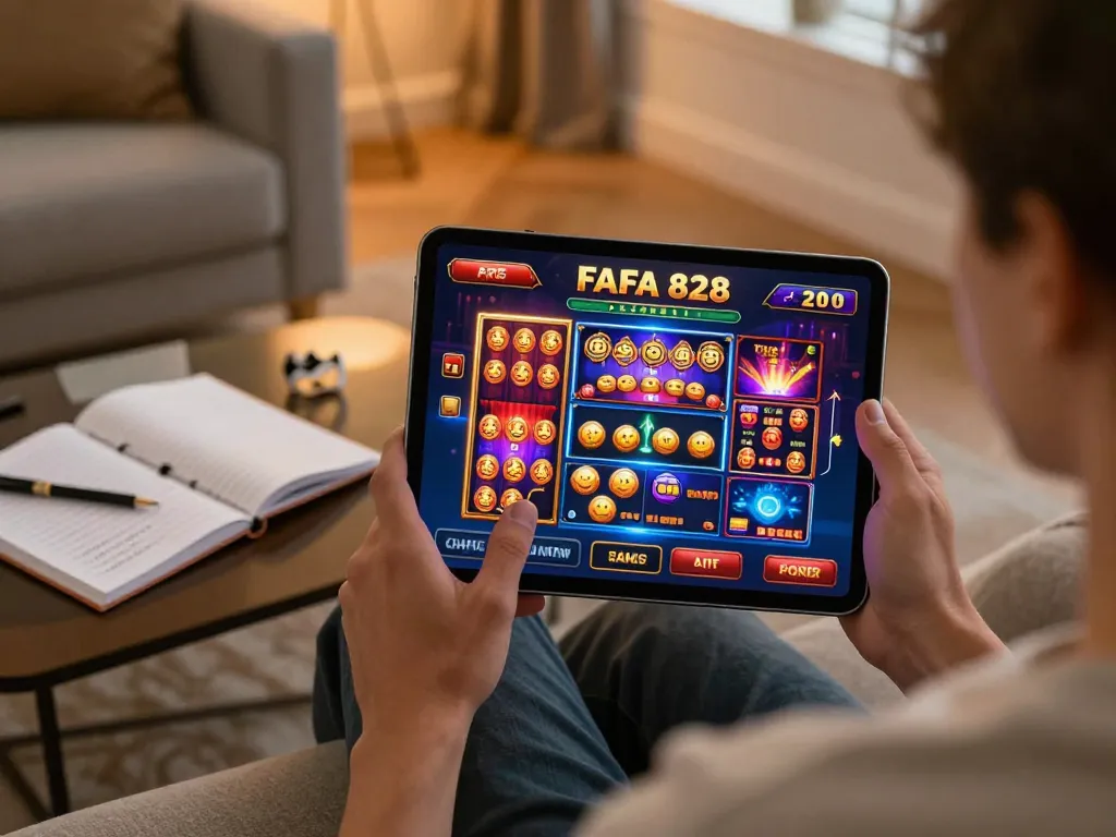 Engaging gameplay on FAFA 828 slot games using a tablet, showcasing vibrant graphics in a cozy home setting.