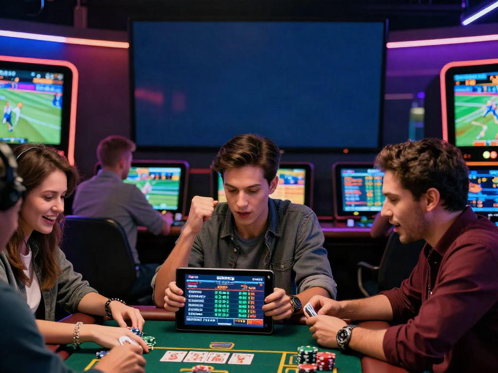 Exciting live sports betting experience at https://xx88.day/ with friends cheering at a modern casino.