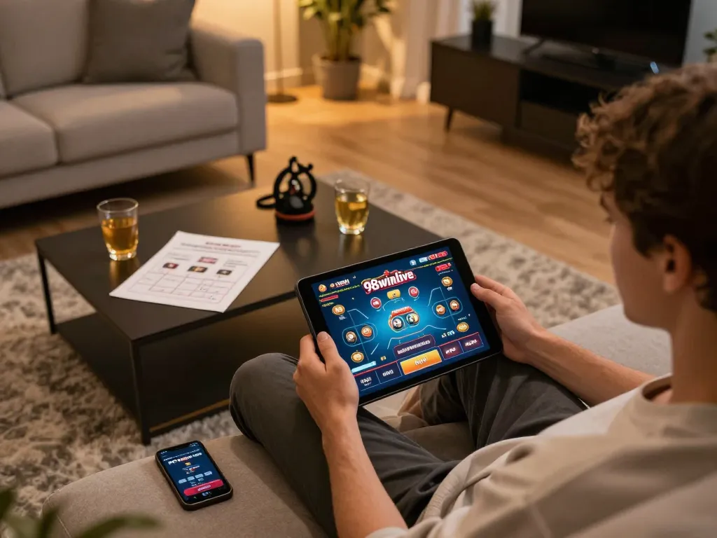 Player engaging with 98winlive online casino game on tablet in cozy living room setting.