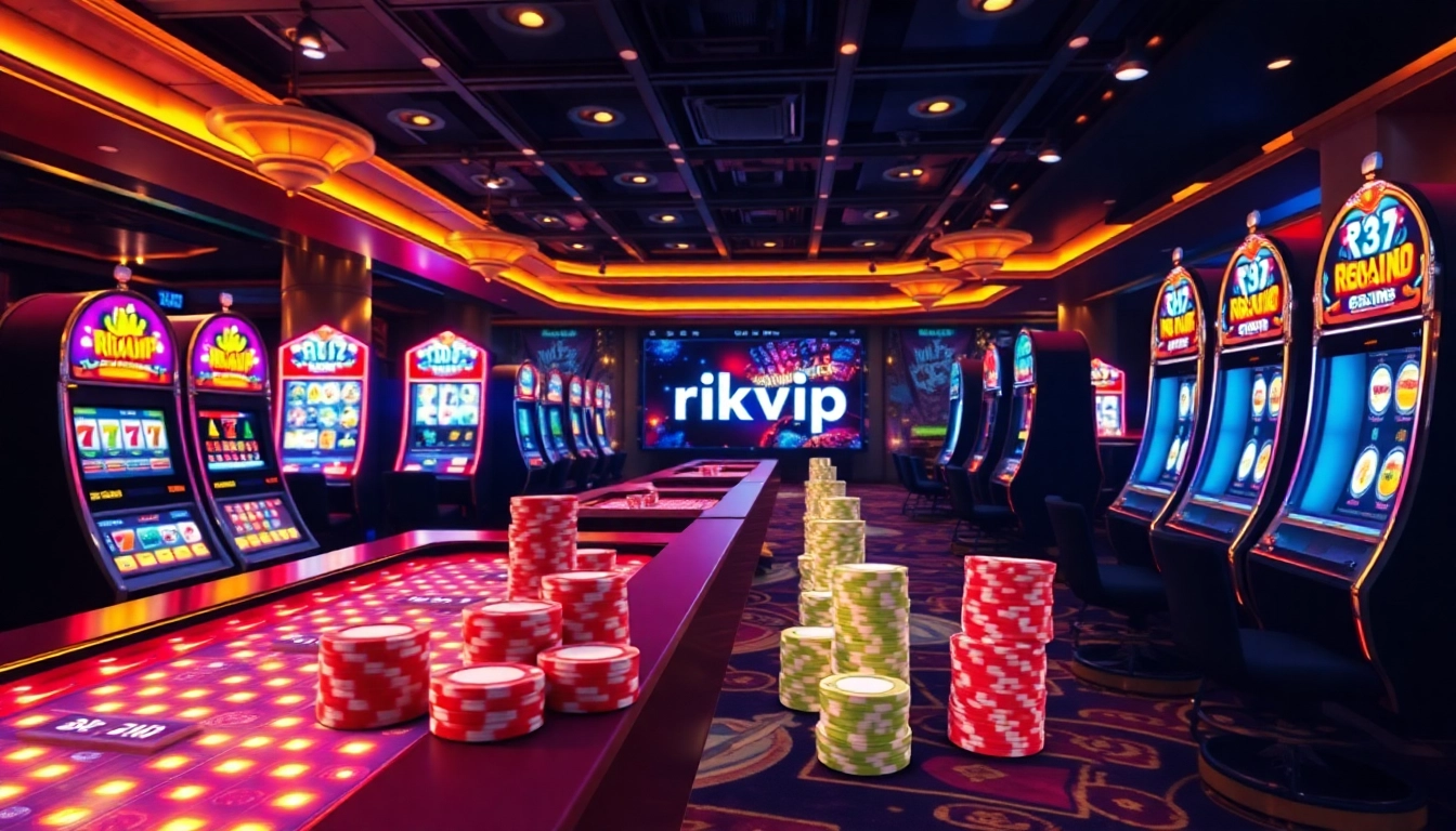 Rikvip casino scene with vibrant slot machines and poker chips, showcasing an engaging online gambling experience.