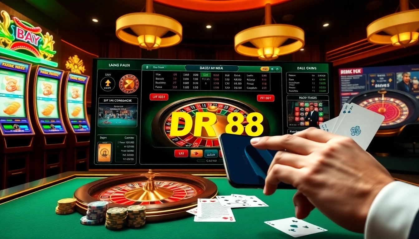 Engaging digital betting scene showcasing Link nhà cái DR88 with live casino tables and strategic wagering