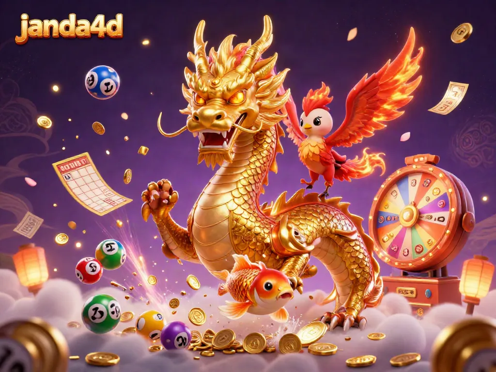 JANDA4D menghadirkan suasana permainan lotere yang mengasyikkan dengan naga emas dan phoenix merah.