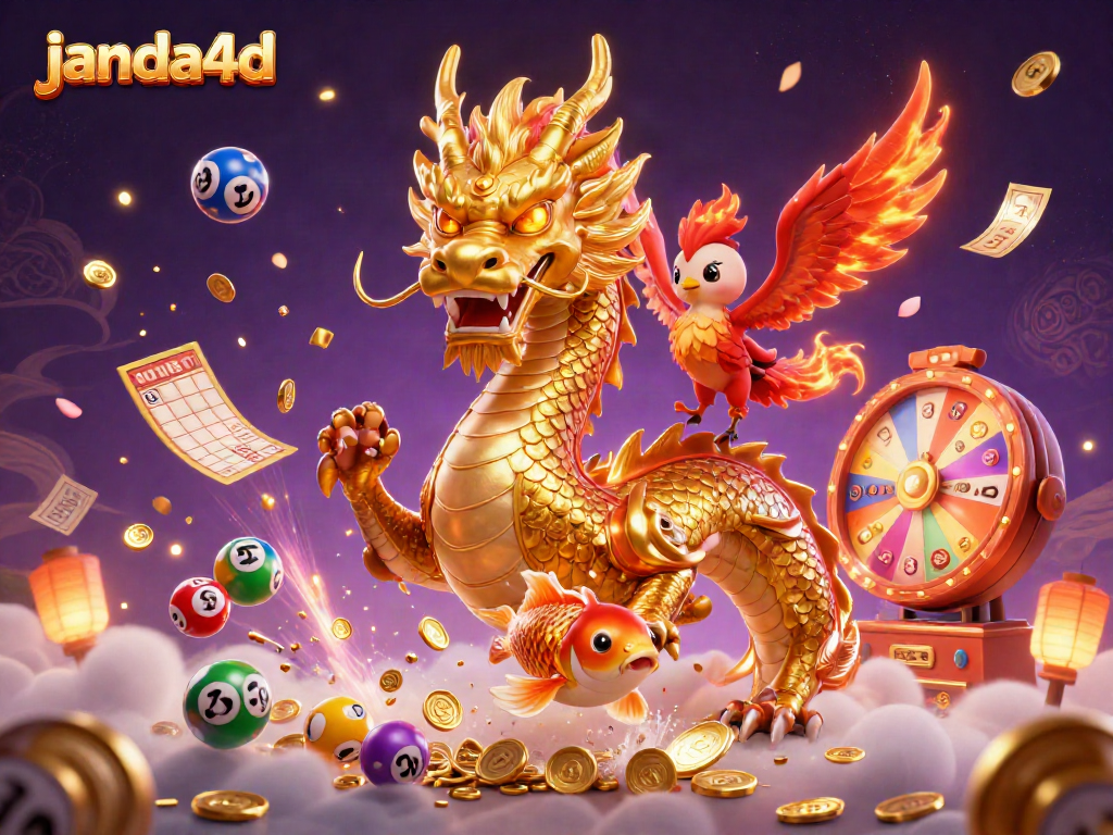 JANDA4D menghadirkan suasana permainan lotere yang mengasyikkan dengan naga emas dan phoenix merah.