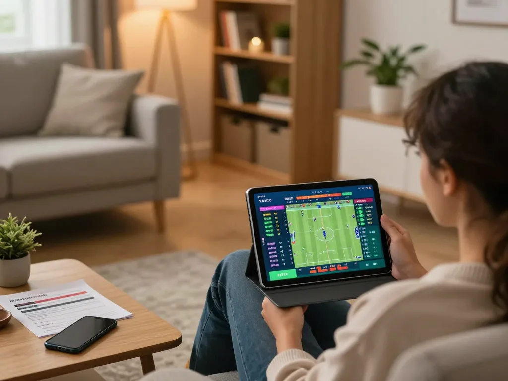 Person placing sports bets using Nowgoal tablet interface in a cozy living room.