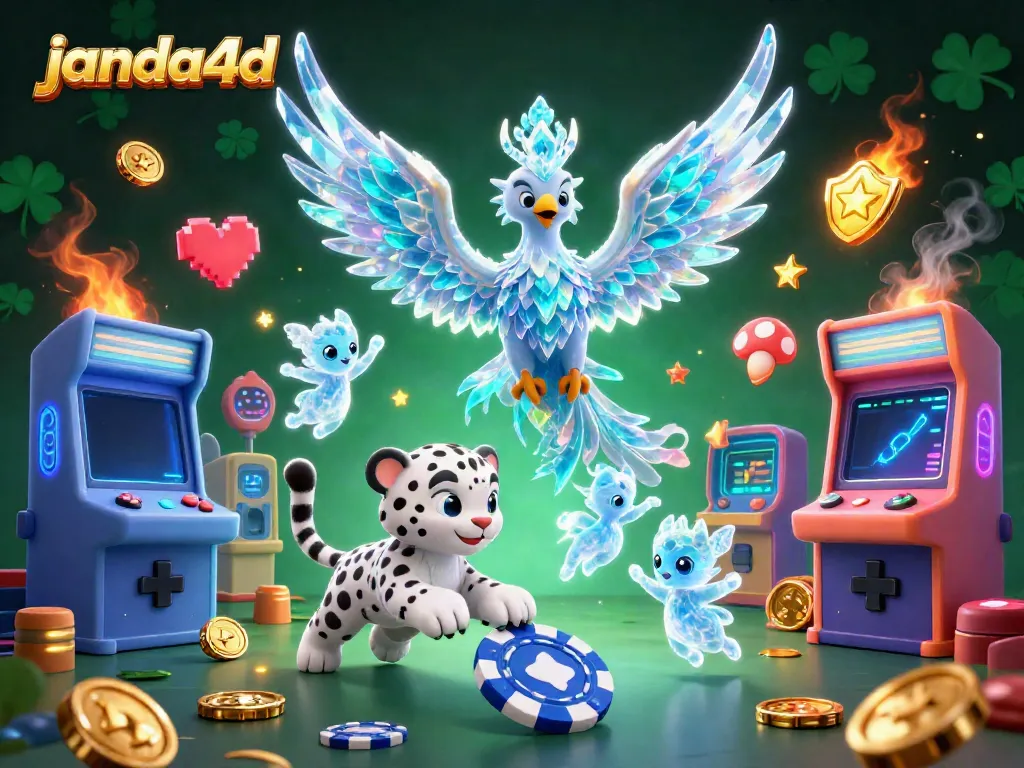 Janda4d menampilkan ilustrasi 3D menakjubkan dengan phoenix es dan sprite bercahaya bertema kasino.