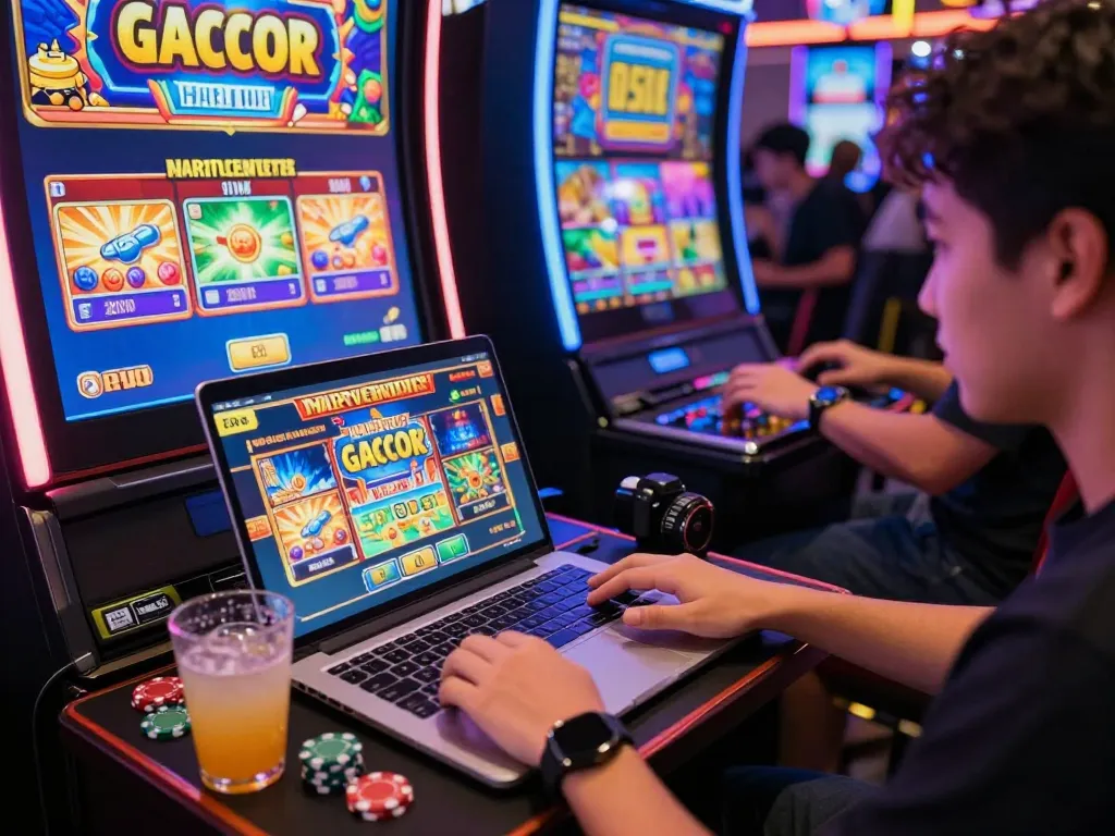 Exciting gaming atmosphere featuring slot gacor hari ini with vibrant slot machine graphics and players.
