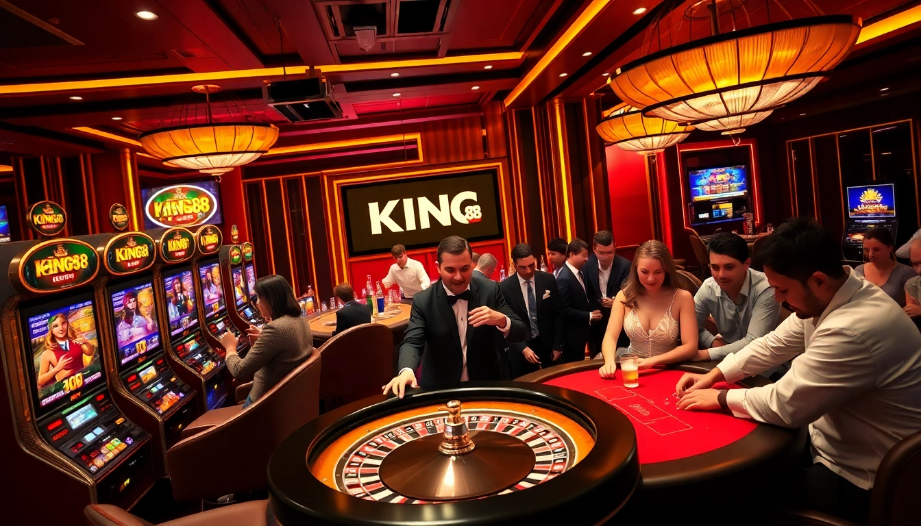 Gamblers enjoying high-stakes games at King88 casino, showcasing excitement and strategy.