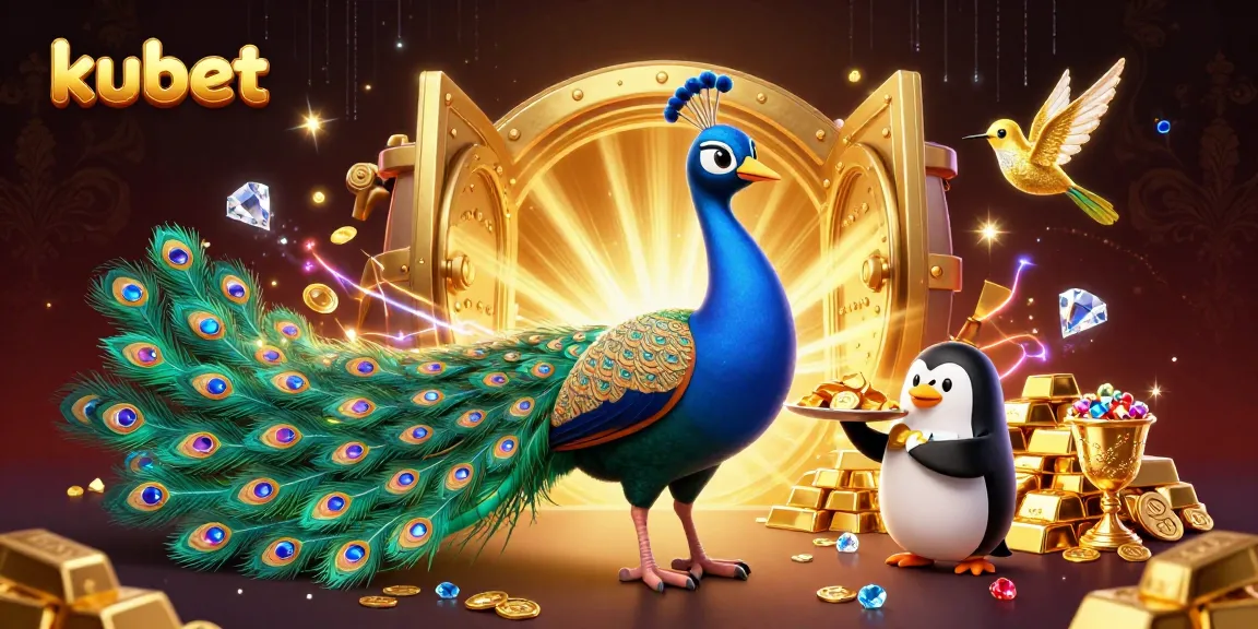 Kubet shows 3D cartoon characters in a rich casino scene, featuring a peacock, a butler penguin, and a shimmering hummingbird.