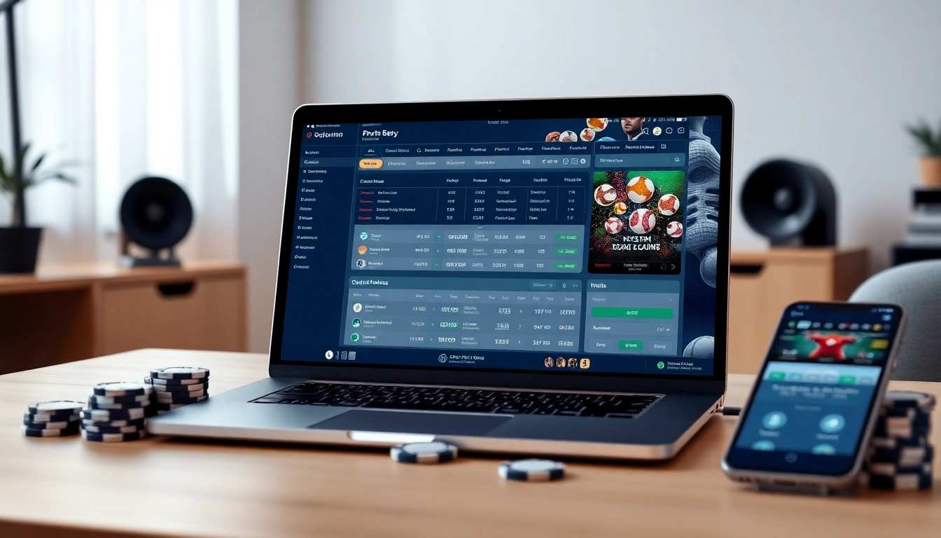 Modern betting platform interface displaying Nhà Cái Uy Tín on a laptop in a professional home office.