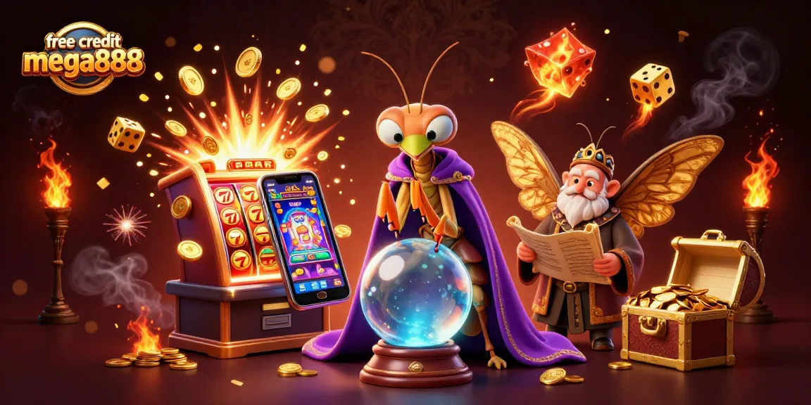 Claim free credit mega888 in an enchanting 3D casino world filled with slot machines and vibrant characters.