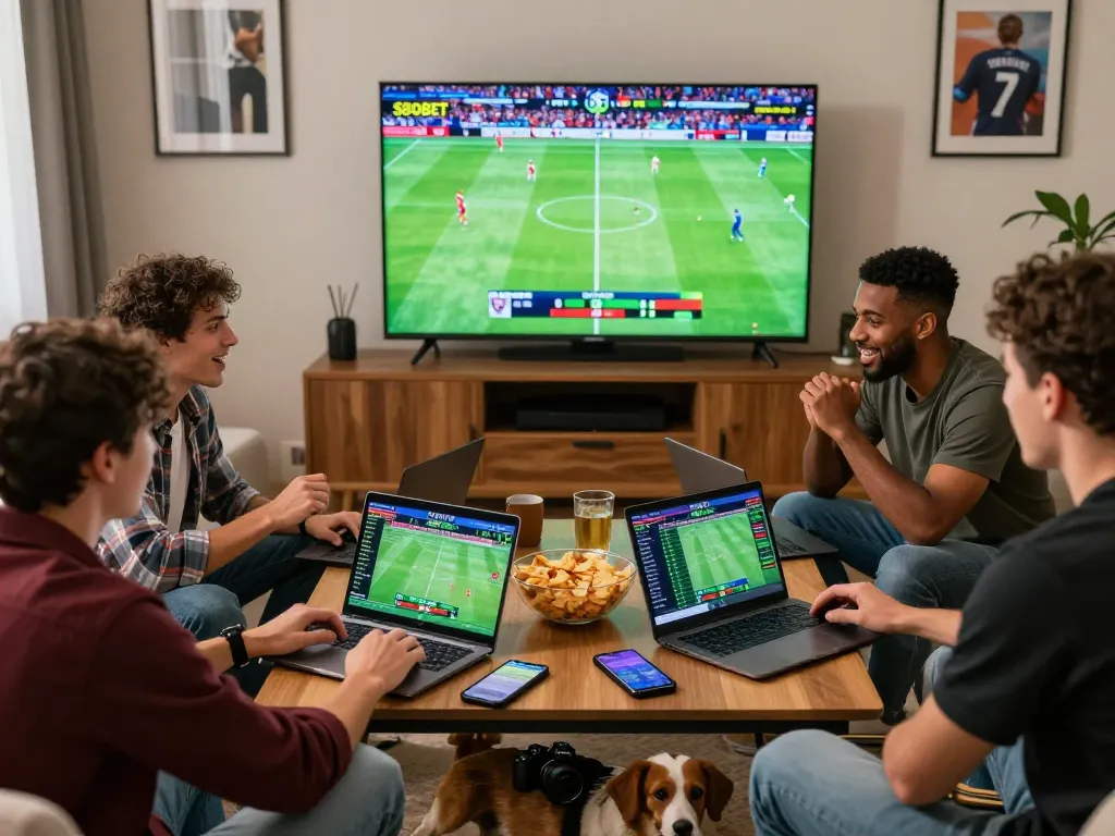 Friends enjoying SBOBET sports betting together with snacks and live game footage.