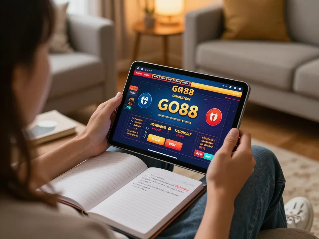 Engaging with GO88 casino games on a tablet in a cozy home setting, emphasizing online gaming strategy.