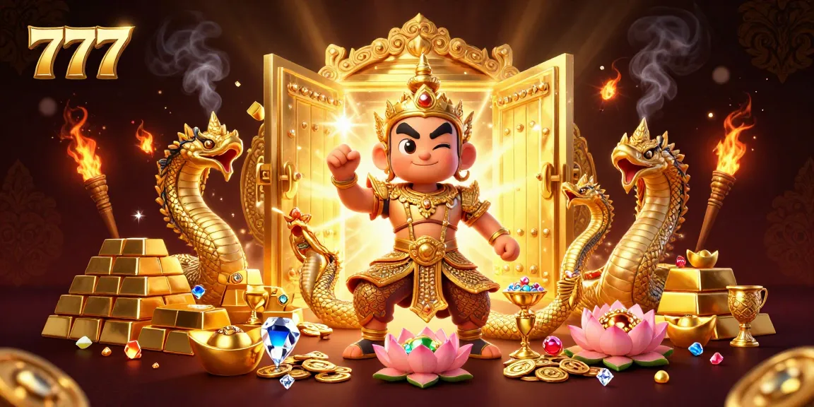 Spin and win with the 777-themed casino scene, featuring golden treasures and vibrant characters.