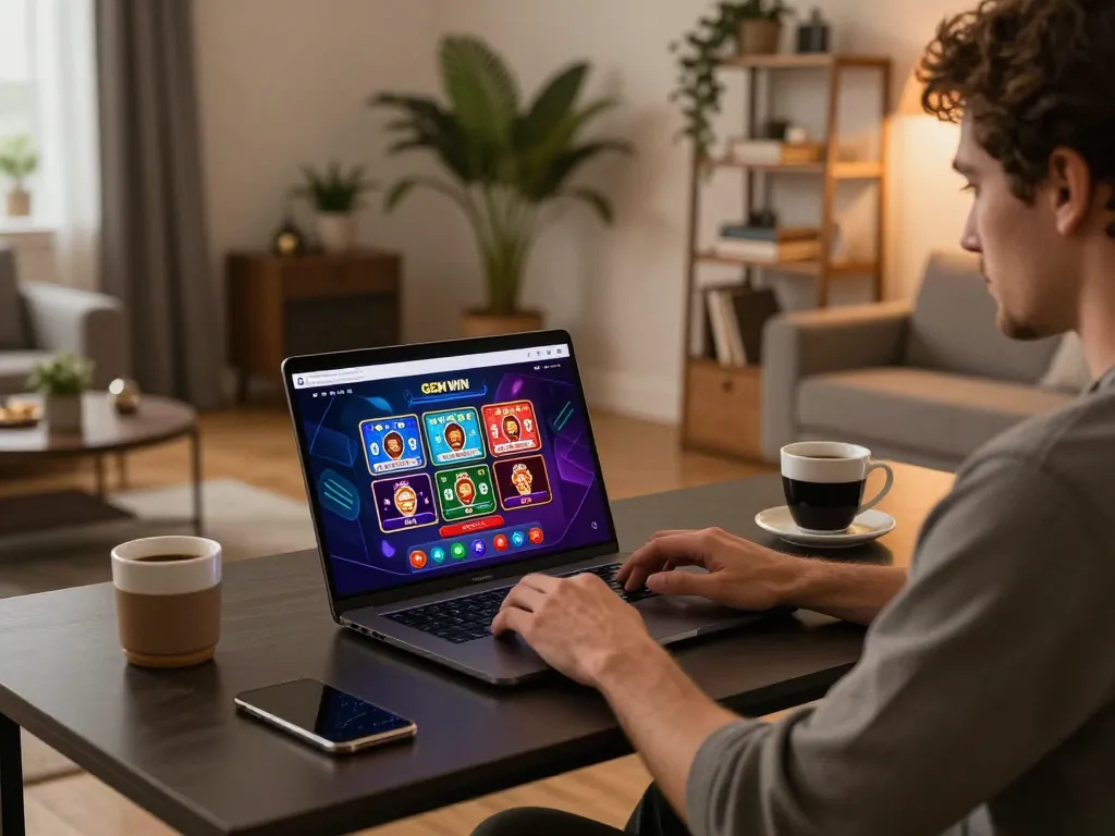 Engaging with the GEM WIN online casino platform in a cozy home setting, showcasing strategic gameplay.