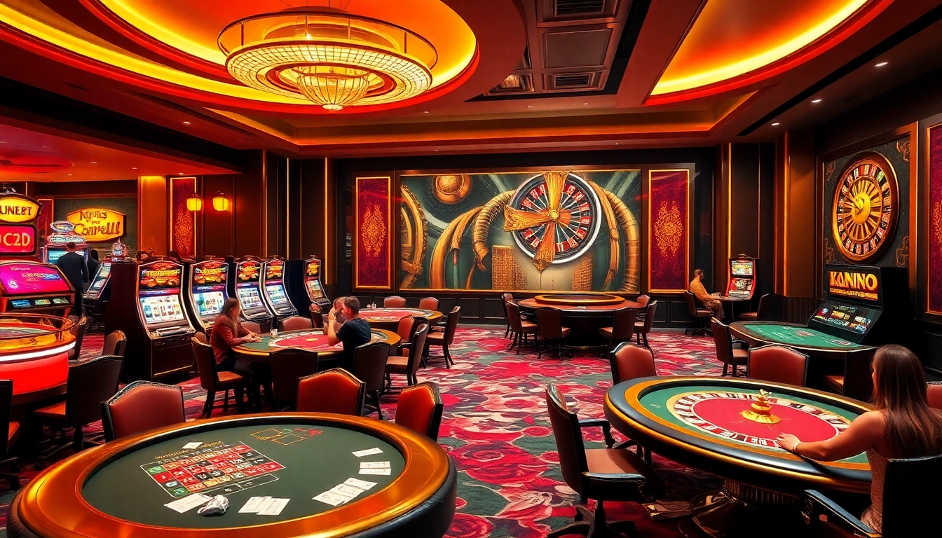 Experience the excitement of gaming at lc88 with a vibrant casino atmosphere featuring poker tables.
