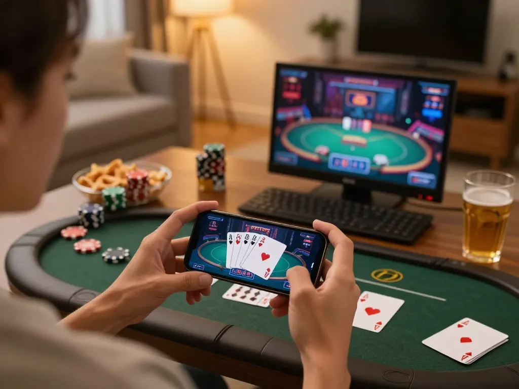 Engaged player enjoying gaming at 789f nhà cái on smartphone in a cozy home setting