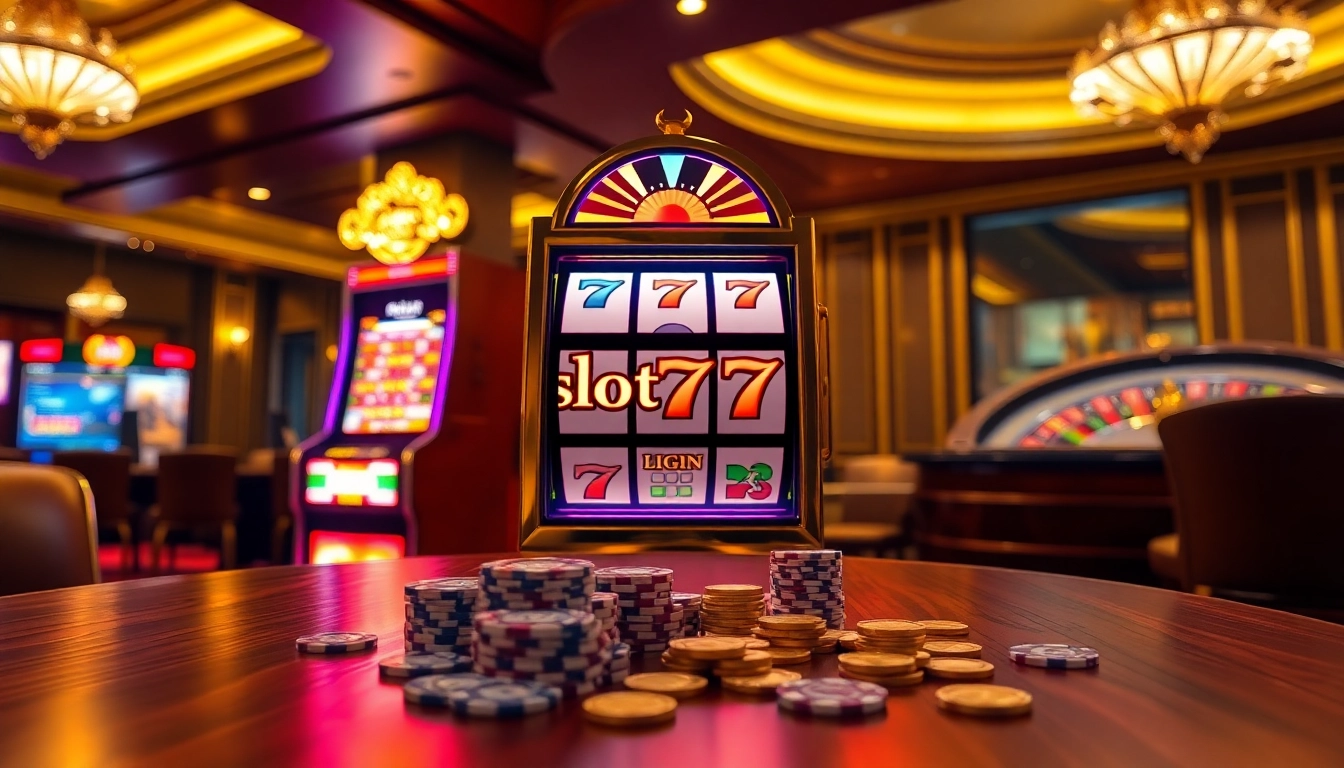 Experience the thrill of gaming at Slot777 login with vibrant slot machines and poker chips.